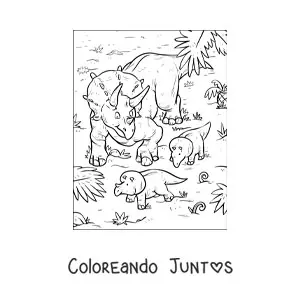 Imagen para colorear de triceratops con sus bebés en su hábitat natural