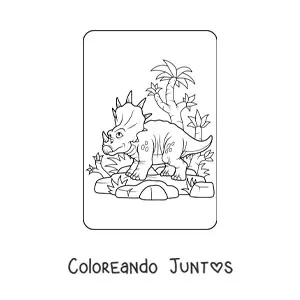 Imagen para colorear de triceratops animado en su hábitat