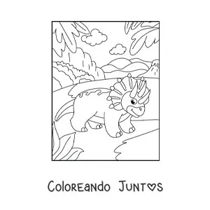 Imagen para colorear de triceratops en caricatura en su hábitat
