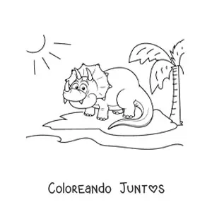 Imagen para colorear de triceratops animado sonriendo en su hábitat