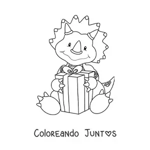 Imagen para colorear de triceratops tierno animado con un regalo