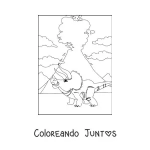Imagen para colorear de triceratops frente a un volcán