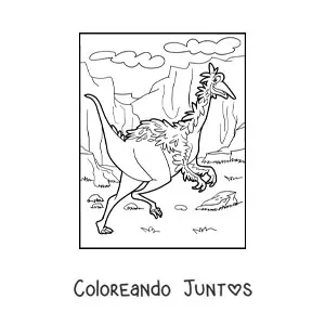 Imagen para colorear de dinosaurio terrestre con plumas en un cañón