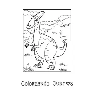 Imagen para colorear de dinosaurio terrestre animado en un paisaje natural
