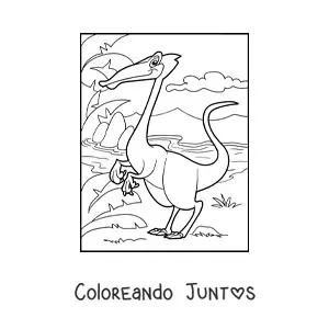 Imagen para colorear de dinosaurio terrestre bípedo junto a un río