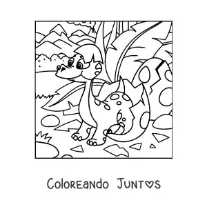 Dinosaurio bebé animado saliendo de su huevo en la jungla