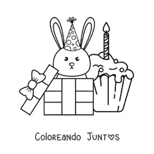 Imagen para colorear de un conejo kawaii con un cupcake de cumpleaños y una caja de regalo