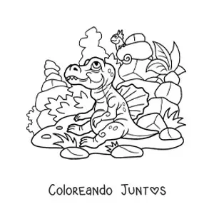 Imagen para colorear de dinosaurio bebé caminando en su hábitat