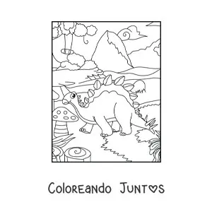 Imagen para colorear de dinosaurio bebé animado con su mamá comiendo dulces