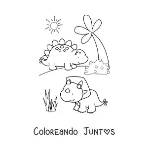 Imagen para colorear de dinosaurios bebés bonitos en su hábitat
