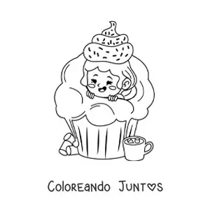 Imagen para colorear de una niña dentro de un cupcake con glaseado encima de la cabeza