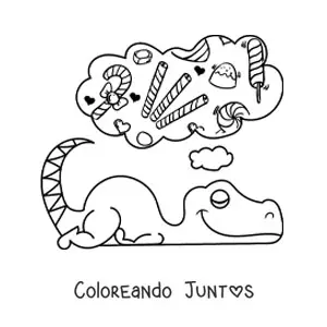 Imagen para colorear de dinosaurio bebé animado dormido soñando con dulces