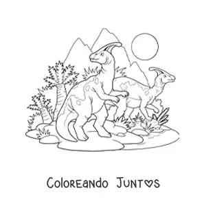 Imagen para colorear de dinosaurios herbívoros juntos en su hábitat