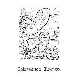 Imagen para colorear de torosaurus herbívoro animado con sus crías