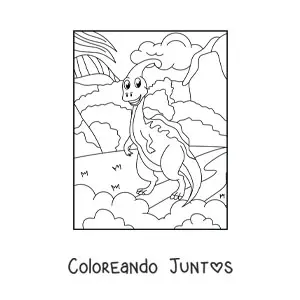 Imagen para colorear de dinosaurio herbívoro pequeño animado en su hábitat