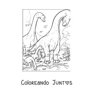 Dinosaurios de cuello largo con sus bebés en su hábitat