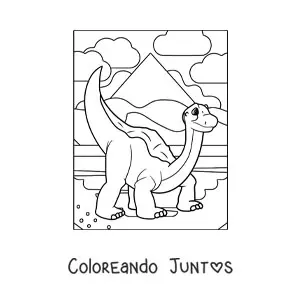 Imagen para colorear de dinosaurio de cuello largo tierno en su hábitat