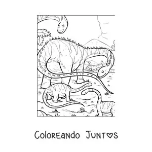 Imagen para colorear de dinosaurio diplodocus de cuello largo y cola larga con sus bebés