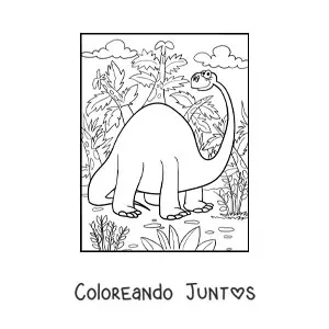 Imagen para colorear de dinosaurio de cuello largo gigante en su hábitat