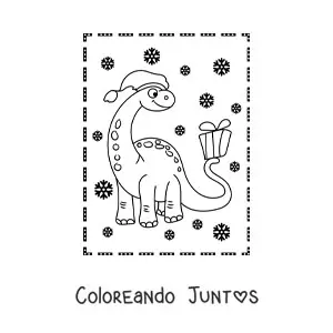 Imagen para colorear de dinosaurio de cuello largo animado con regalo de Navidad