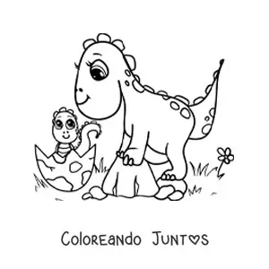 Imagen para colorear de mamá con dinosaurio bebé kawaii saliendo del huevo
