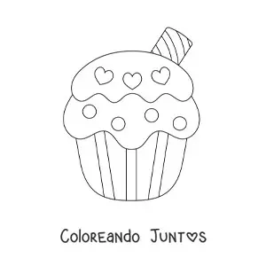 Imagen para colorear de un cupcake con corazones en el glaseado y un barquillo