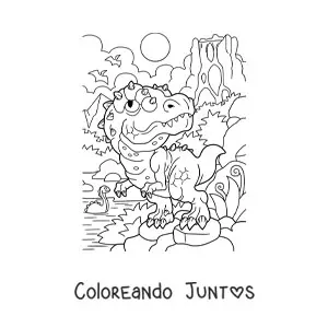 Imagen para colorear de dinosaurio carnívoro bebé en su hábitat