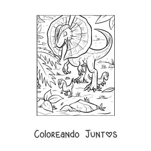 Imagen para colorear de dilophosaurus carnívoro en su hábitat con sus bebés
