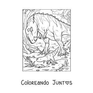 Imagen para colorear de dinosaurio carnívoro con un cuerno cazando con sus crías