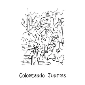 Imagen para colorear de dinosaurio carnívoro grande y peligroso cazando con su bebé