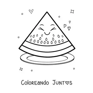 Imagen para colorear de trozo de sandía kawaii grande en un plato