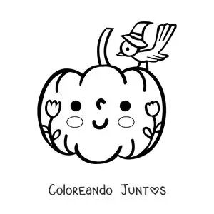 Imagen para colorear de calabaza kawaii con flores y pájaro