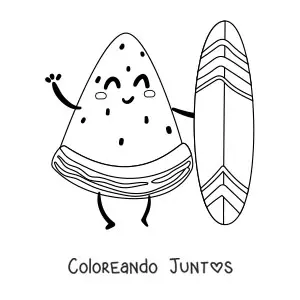 Imagen para colorear de sandía animada surfista
