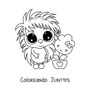 Imagen para colorear de puercoespín kawaii grande con flor