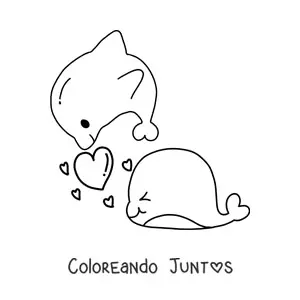Imagen para colorear de delfines kawaii enamorados con corazones