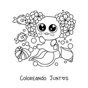 Imagen para colorear de ajolote kawaii grande con flores