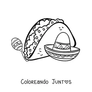 Imagen para colorear de un taco con  un sombrero mexicano y una maraca