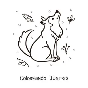 Imagen para colorear de lobo kawaii sentado con hojas
