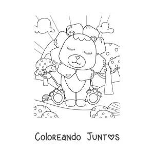 Imagen para colorear de león tierno sentado en paisaje natural