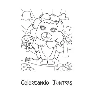 Imagen para colorear de león kawaii sentado en paisaje natural