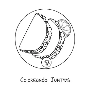 Imagen para colorear de un plato de tacos con un tomate y un trozo de limón