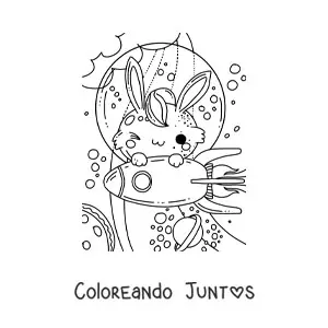 Imagen para colorear de conejo animado en cohete en el espacio