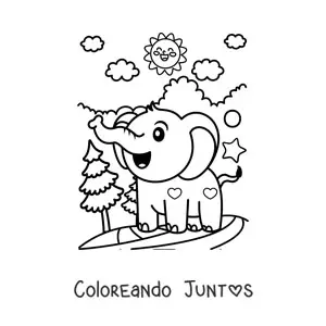 Imagen para colorear de elefante bebé kawaii en la selva