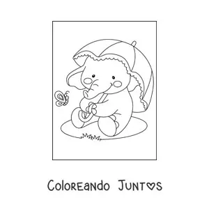 Imagen para colorear de elefante bebé kawaii sentado con mariposa