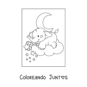 Imagen para colorear de elefante bebé kawaii atrapando estrellas