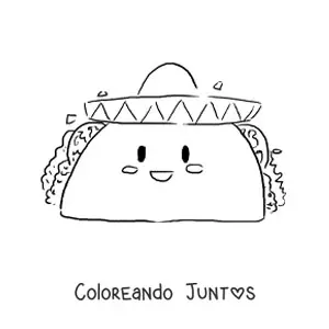 Imagen para colorear de un taco kawaii con  un sombrero mexicano