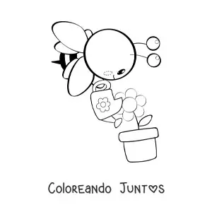 Imagen para colorear de abeja kawaii regando una flor