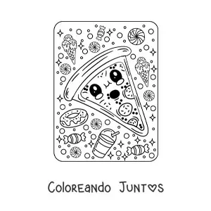 Imagen para colorear de rebanada de pizza kawaii