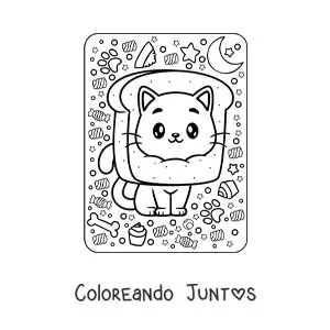 Imagen para colorear de gato con pan kawaii