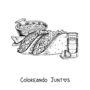 Imagen para colorear de dos tacos con un vaso de tequila y nachos en el fondo